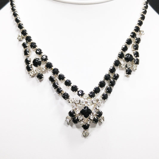 Vintage Black & Clear Rhinestone Festoon Necklace, Rhodium Plating, 1950s