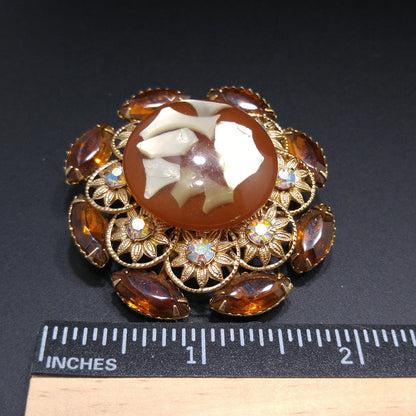 Judy Lee Lucite Flower Brooch, Aurora Borealis Rhinestones, 1960s Vintage Jewelry