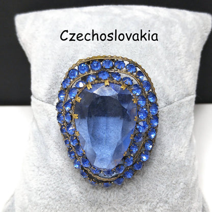 Czech Blue Glass & Rhinestone Dress Clip, 1940 Vintage Jewelry