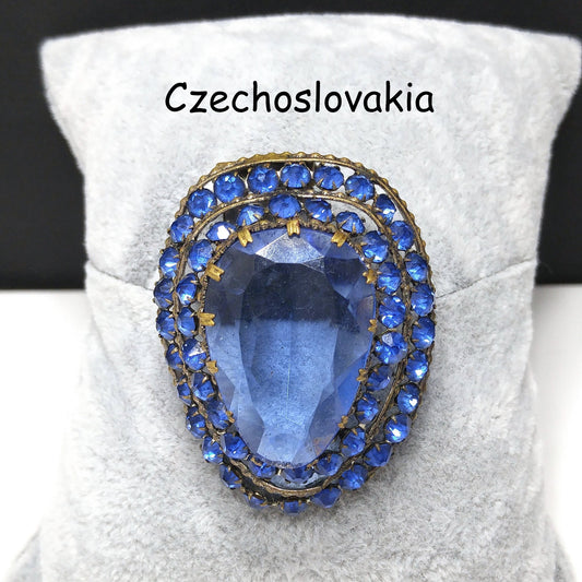 Czech Blue Glass & Rhinestone Dress Clip, 1940 Vintage Jewelry