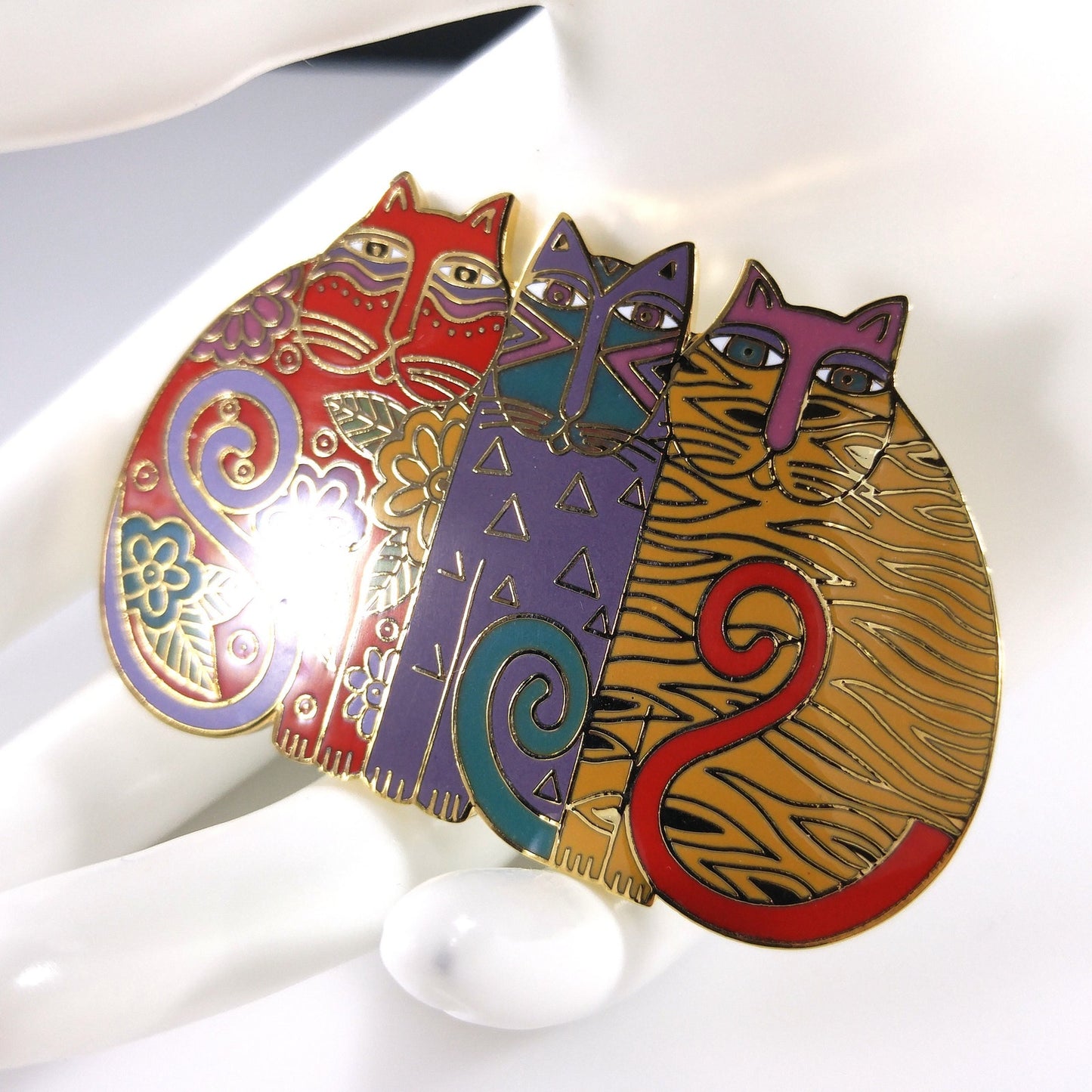 Laurel Burch "Mysticats" Large Cat Brooch, Gold Plated Cloisonne, 1980s