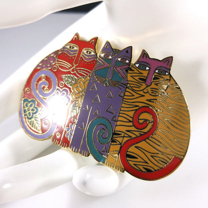 Laurel Burch "Mysticats" Large Cat Brooch, Gold Plated Cloisonne, 1980s