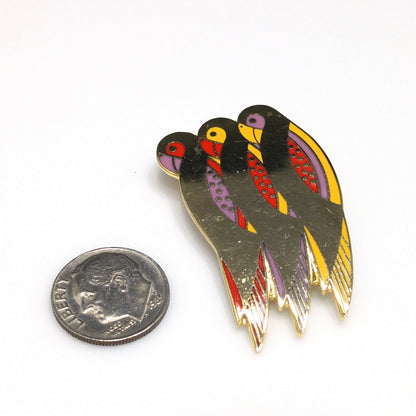 Laurel Burch "Perico" Brooch, Gold Plated Parakeets, Cloisonné Birds, 1980s Vintage Jewelry