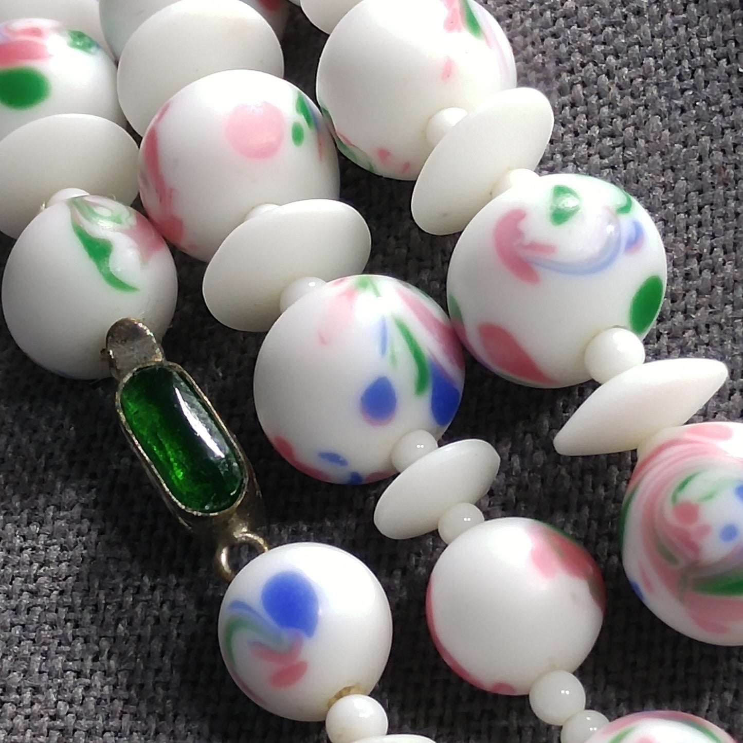 Czech Hand Painted Floral Ceramic Beaded Necklace, 48 Inches, 1930s Vintage Jewelry
