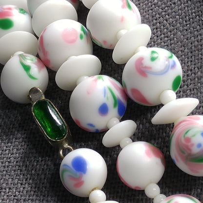 Czech Hand Painted Floral Ceramic Beaded Necklace, 48 Inches, 1930s Vintage Jewelry
