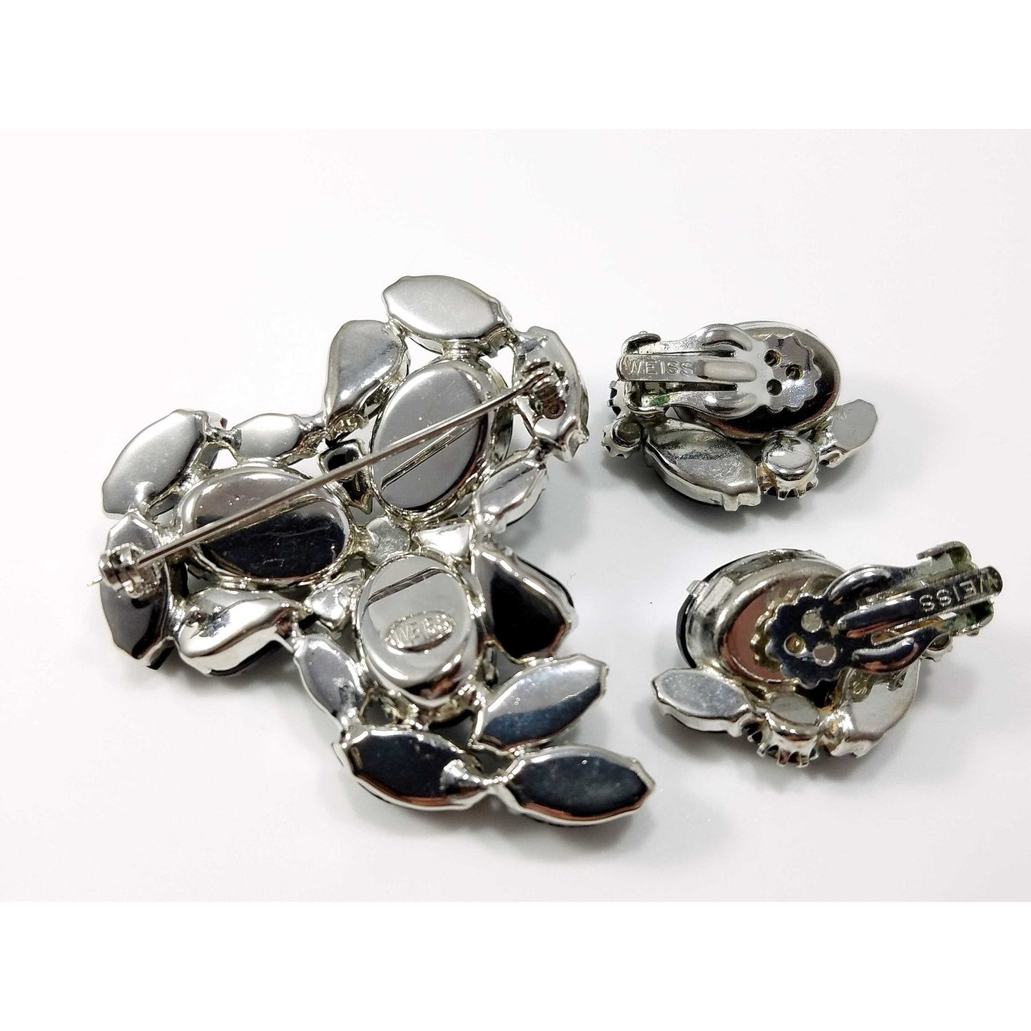 Vintage Weiss Black & Clear Rhinestone Brooch and Earrings Set, Rhodium Plated