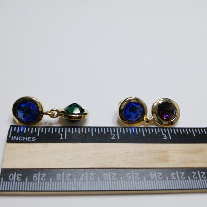 Swarovski Gold Plated Drop Earrings, Blue Green Purple Crystals, Vintage 1990s Swan Logo