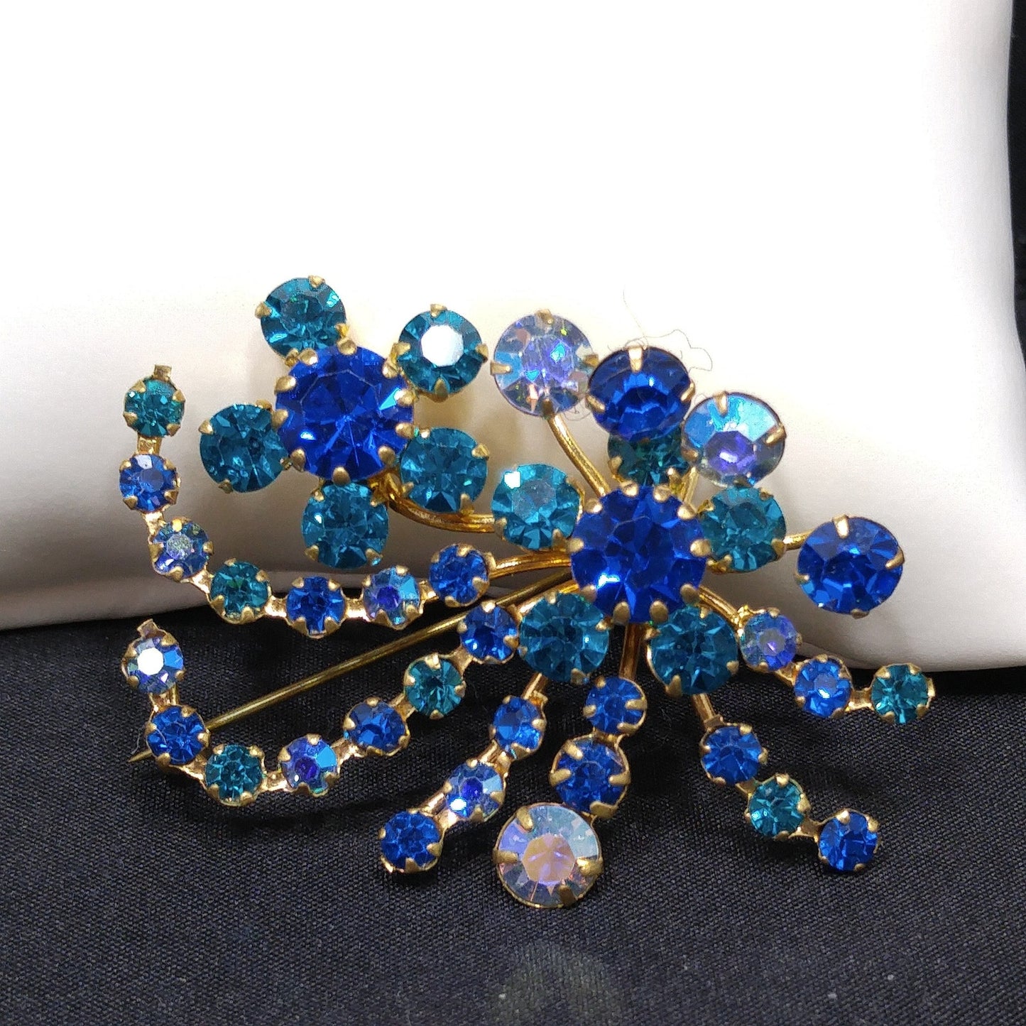 Austria Teal Blue Aurora Borealis Brooch, Floral Spray, 1950s Vintage Jewelry