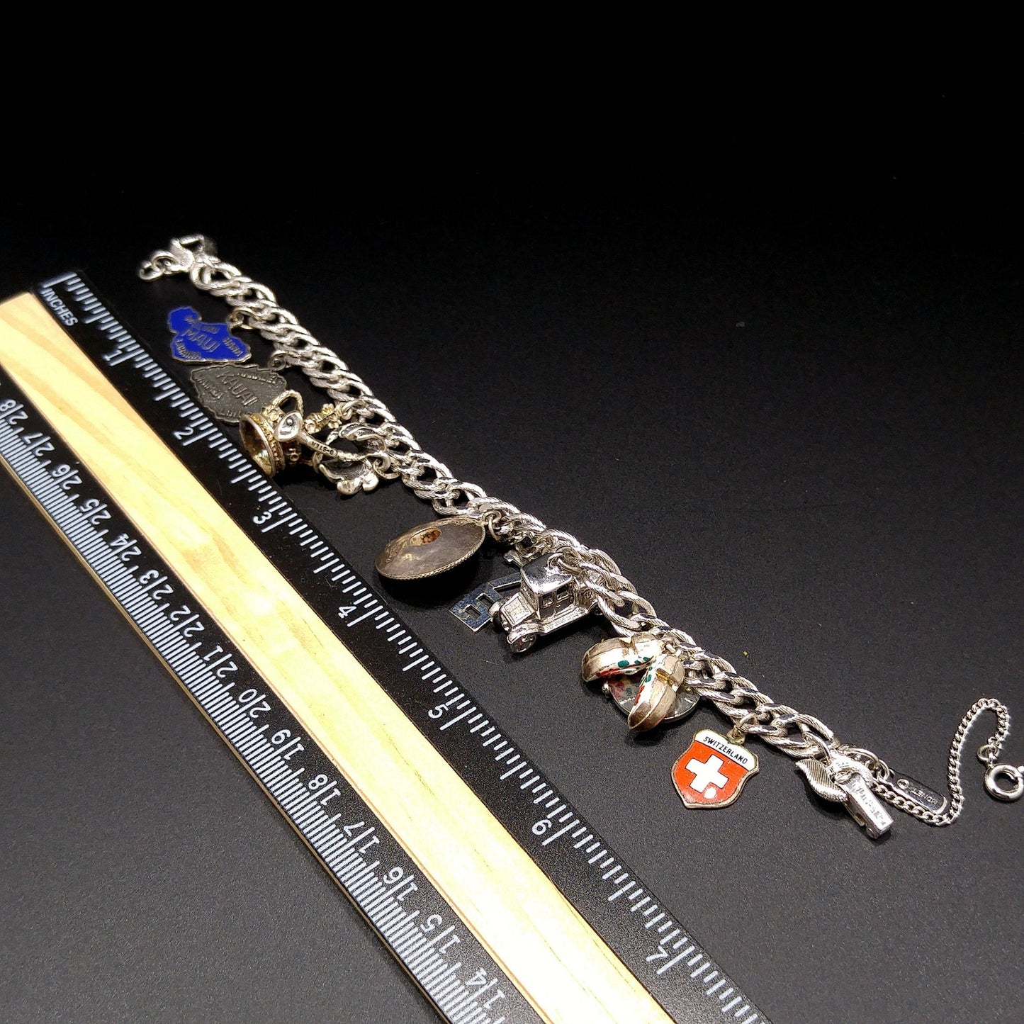 Monet Silver Tone Charm Bracelet, Sterling Silver Travel Charms, 1970s Vintage Jewelry