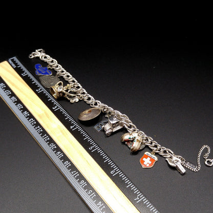 Monet Silver Tone Charm Bracelet, Sterling Silver Travel Charms, 1970s Vintage Jewelry