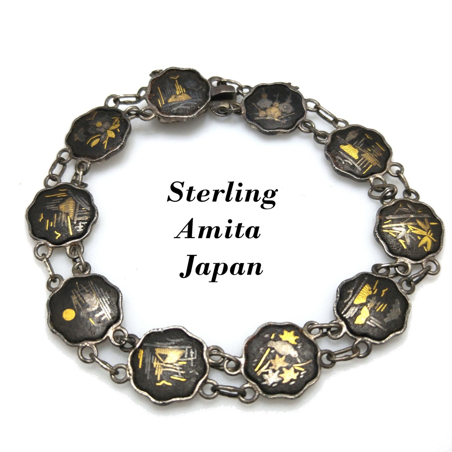 Japanese Damascene Silver Jewelry, Bracelet Brooch Earrings, 1940s Vintage Jewelry