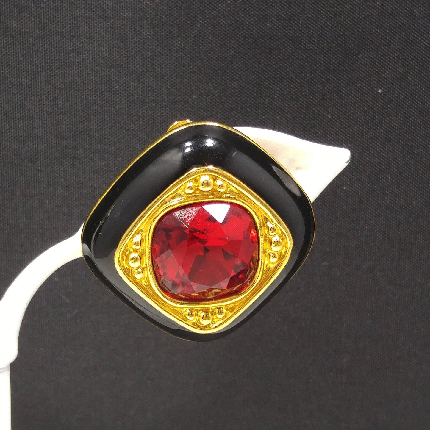 Vintage Swarovski Clip Earrings – Black Enamel & Red Crystal, Gold Plated 1980s