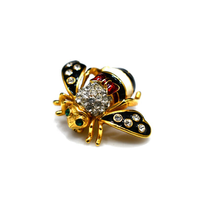 Vintage Joan Rivers Bee Brooch, Gold Plated, Enamel Red White Black, 1990s