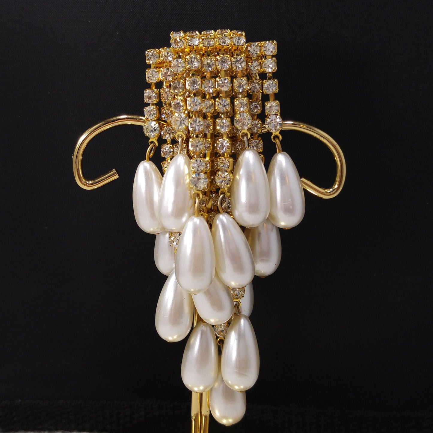 Vintage Rhinestone Gold Plated Brooch & Earrings, Faux Pearls, 1970s