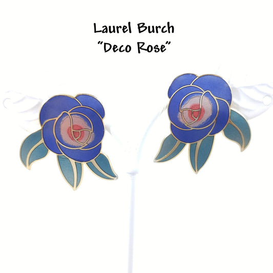 Vintage Laurel Burch Blue "Deco Rose" Post Earrings, 1980s Vintage Jewelry