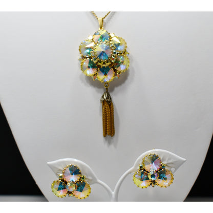 Vintage Rivoli Pendant & Earrings, Aurora Borealis Rhinestones, 1960s Vintage Jewelry