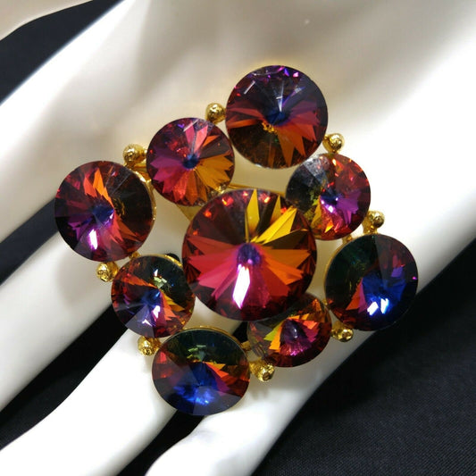 Vintage Unsigned Weiss Pink Rivoli Rhinestone Brooch, Red Blue Magenta Green Pin