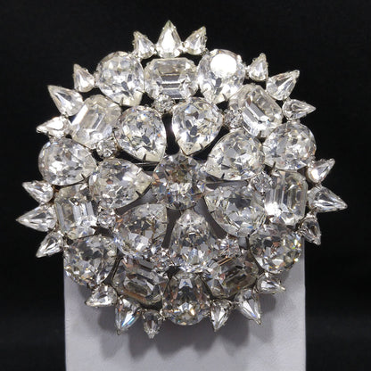 Weiss 1950s Large Clear Rhinestone Floral Brooch | Rhodium Plated Statement Pin | Vintage Mid-Century Jewelry