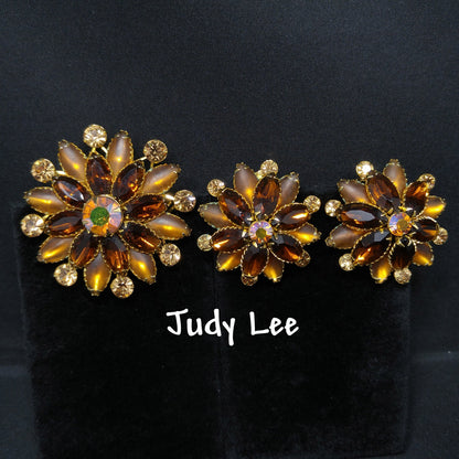 Judy Lee Topaz Rhinestone Brooch & Earrings Set, Gold Plated, Aurora Borealis, 1960s