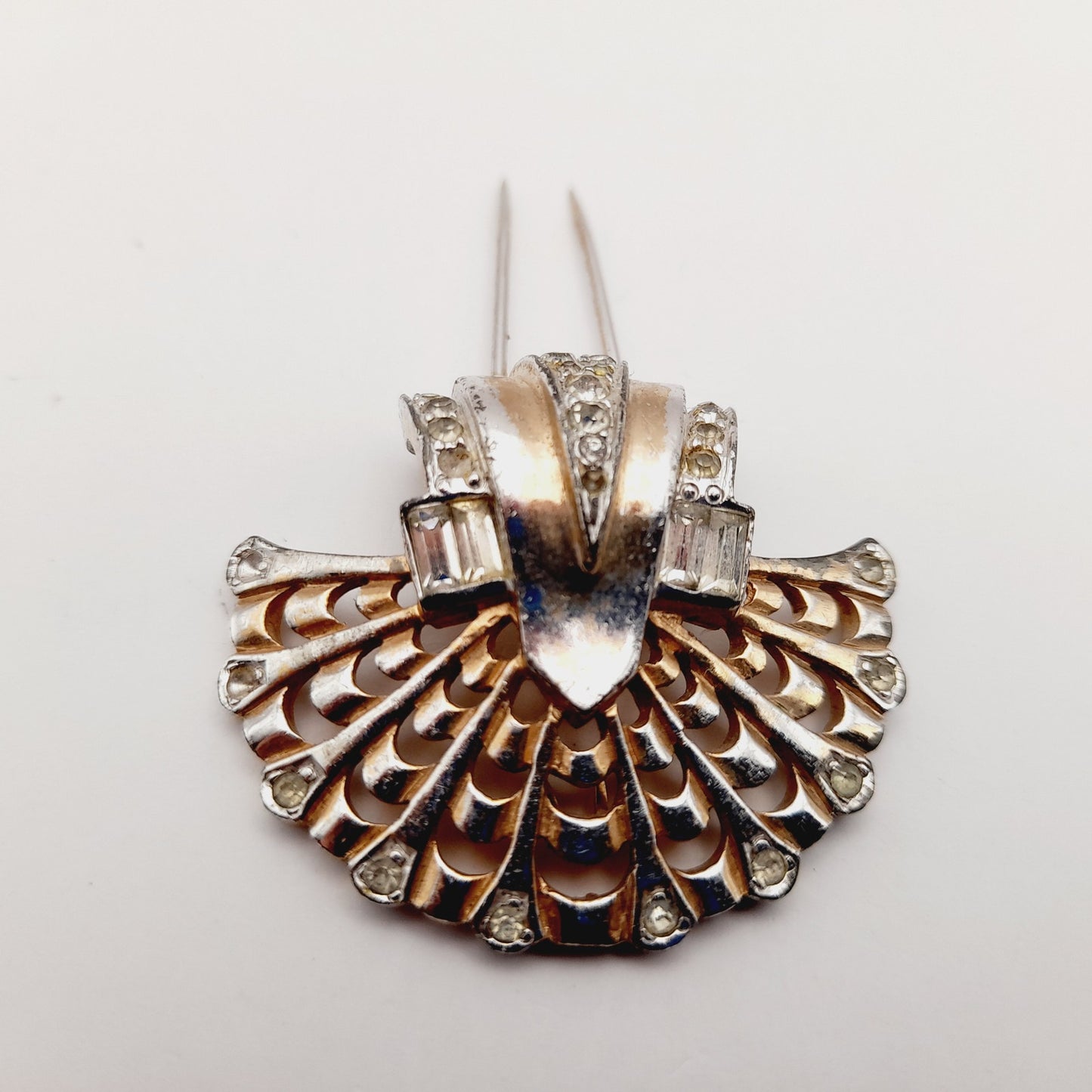 Vintage Marcel Boucher Numbered Fur Clip – Art Deco Fan Design with Rhinestones, Gold & Rhodium Plated Collectible Jewelry