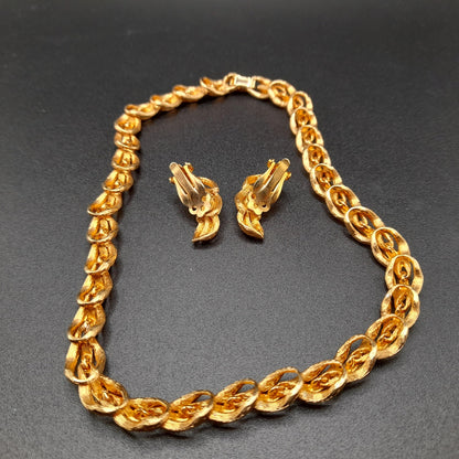 Vintage Clear Rhinestone Gold Tone Necklace Earrings Set, 1960s Vintage Jewelry