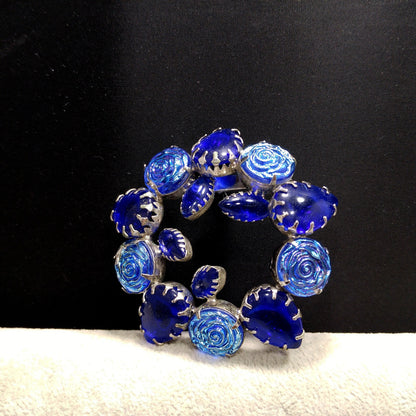 Cobalt Blue Iridescent Rose Wreath Brooch, Silver Tone, Prong Set Rhinestones, 1960s Vintage Jewelry
