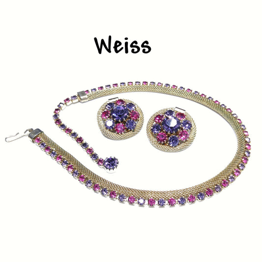 Vintage Weiss Mesh Necklace & Earrings Set, Purple Pink Rhinestones, 1950s