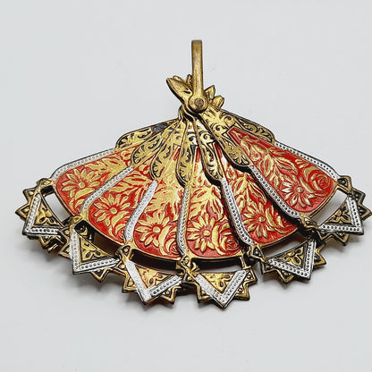 Vintage Spanish Damascene Articulated Fan Brooch Pin Pendant - Signed SPAIN - Black Gold Inlay Jewelry