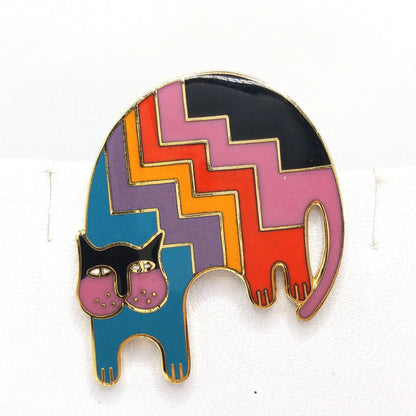 Laurel Burch "Aztec Cat" Brooch, Gold Plated, Rainbow Enamel, 1980s Vintage Jewelry