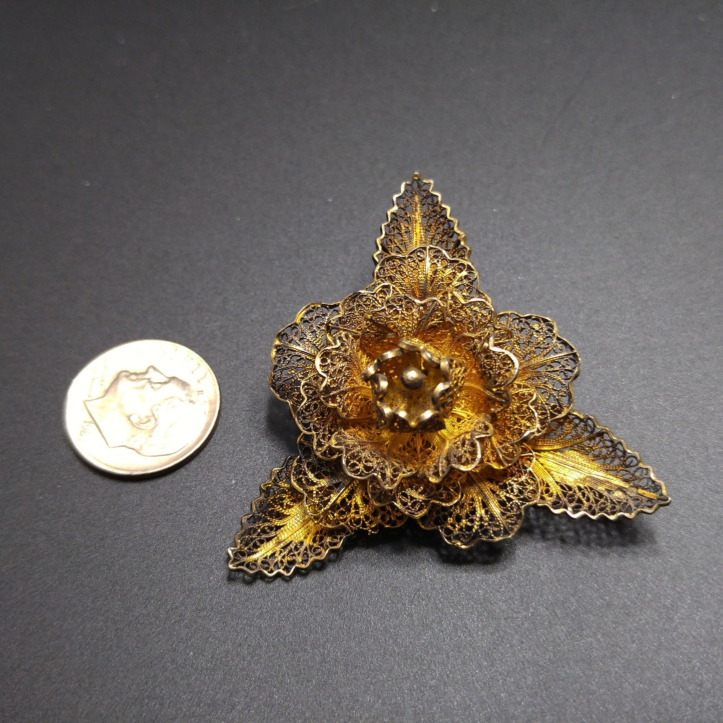 Topazio Portugal Flower Brooch, Silver Vermeil, 1930s Vintage Jewelry