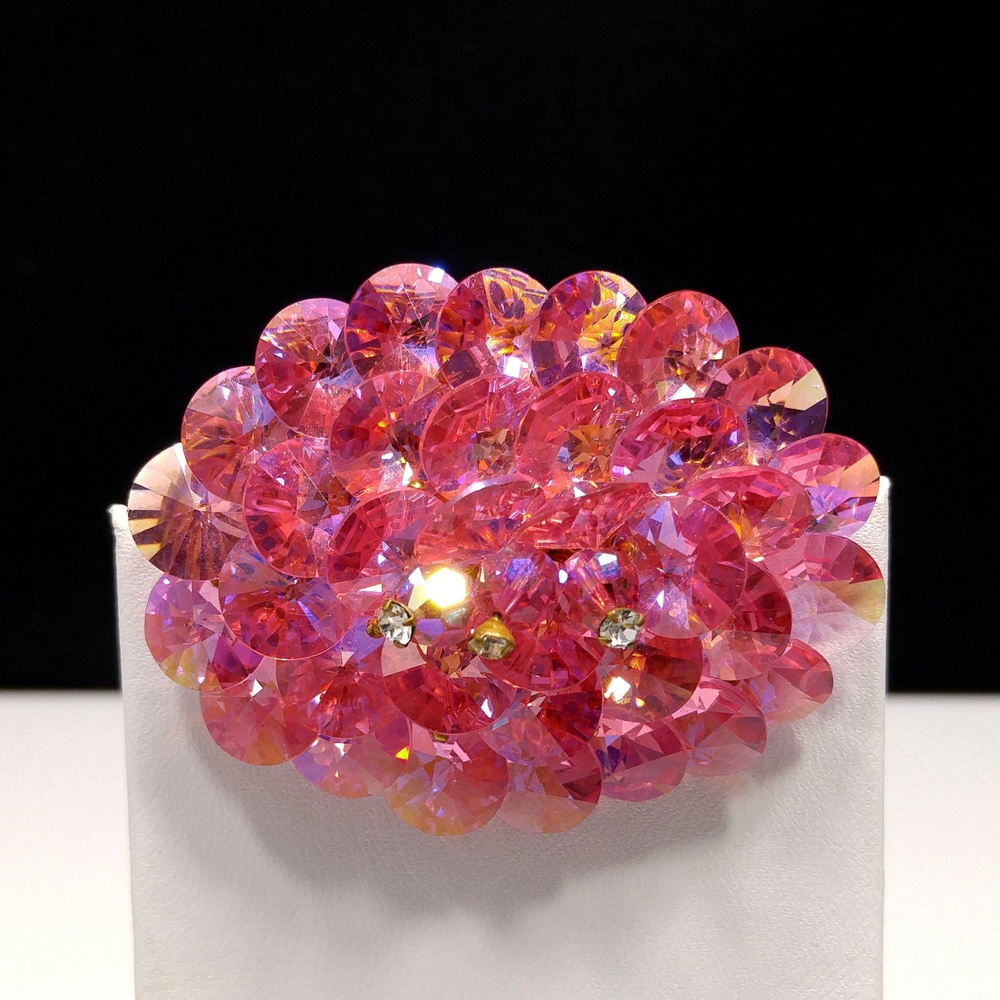 Pink Flat Crystal Brooch & Earrings, Aurora Borealis, 1960s Vintage Jewelry