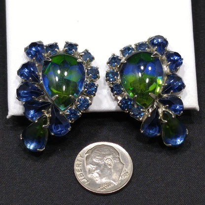 Weiss Blue Green Rhinestone Earrings, Rhodium Plated, 1950s Vintage Jewelry