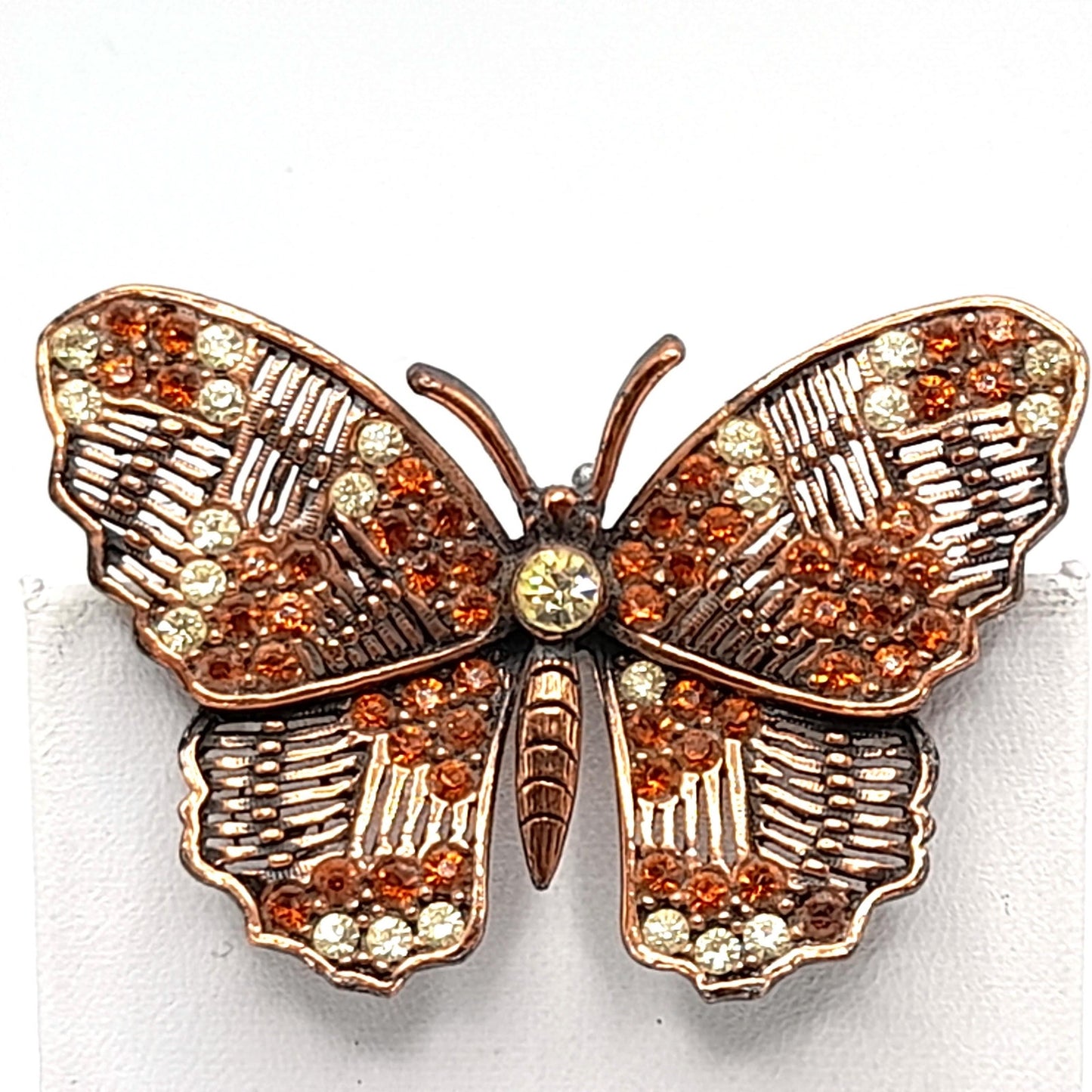 Vintage Weiss Butterfly Brooch, Copper Plated, Clear Orange Rhinestones, 1960s
