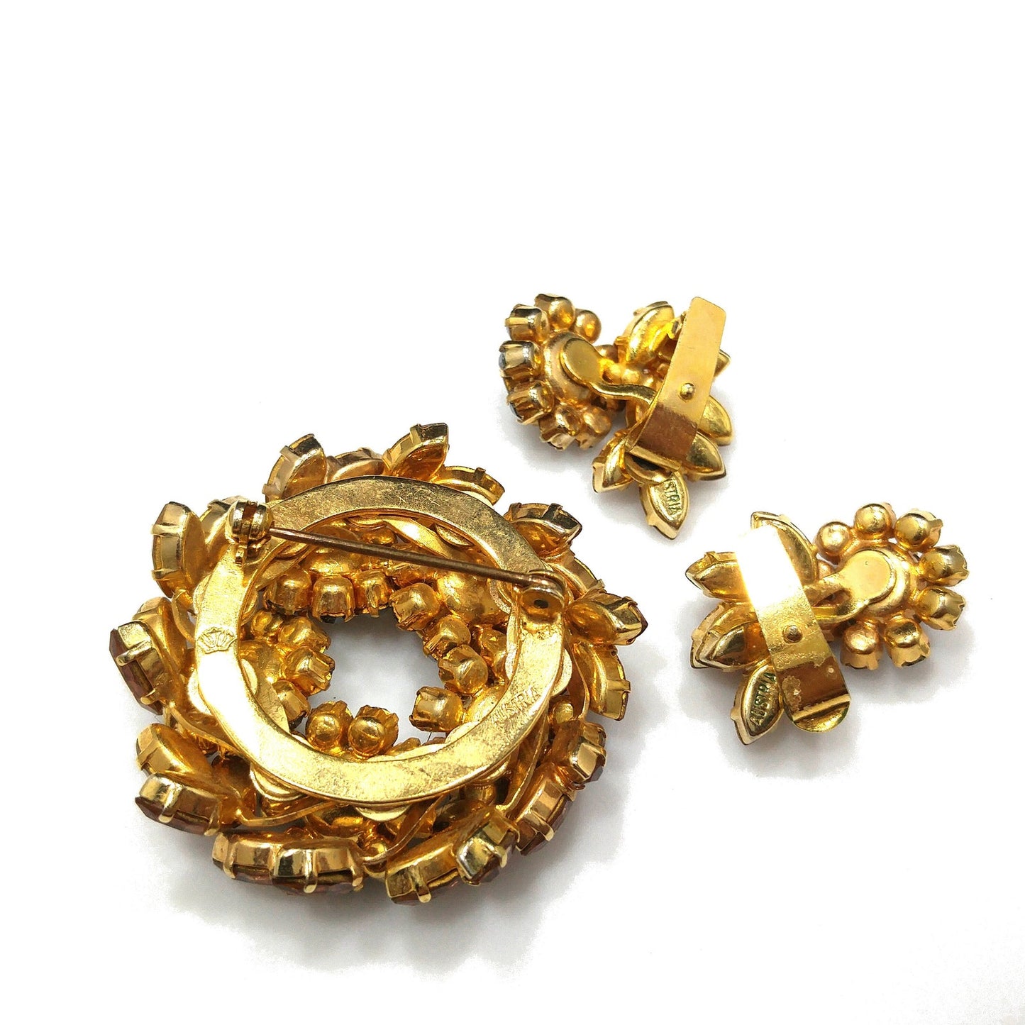Schoffel Austria Topaz Jonquil Rhinestone Brooch & Earrings, Gold Plated, 1950s Vintage Jewelry