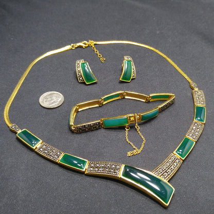 Vintage 14K Gold Plated Gemstone Jewelry: Necklace, Bracelet, Post Earrings, 1990s Vintage Jewelry
