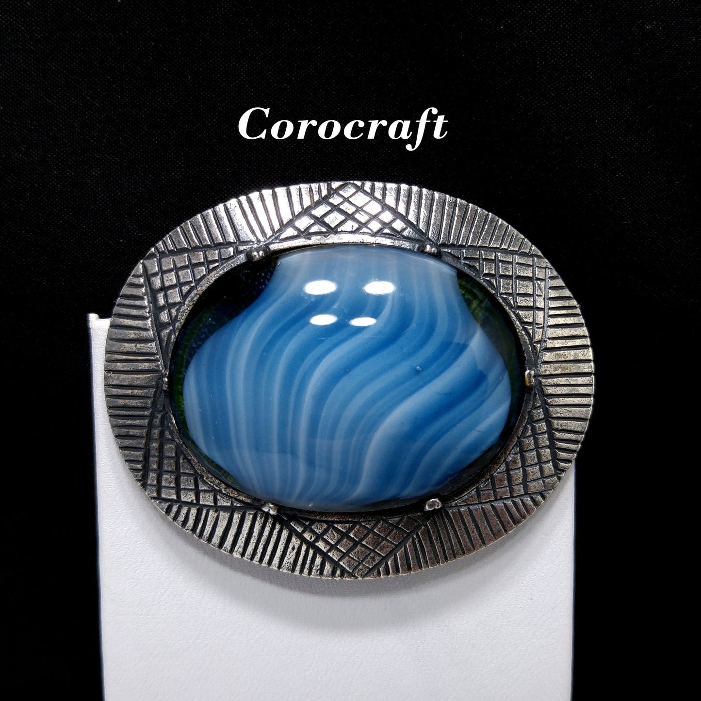 Corocraft Blue Art Glass Brooch, Silver Etched Frame, 1940s Vintage Jewelry