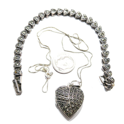 Marsala Silver Heart Locket Necklace & Bracelet, 925 Box Chain, 1980s Vintage Jewelry