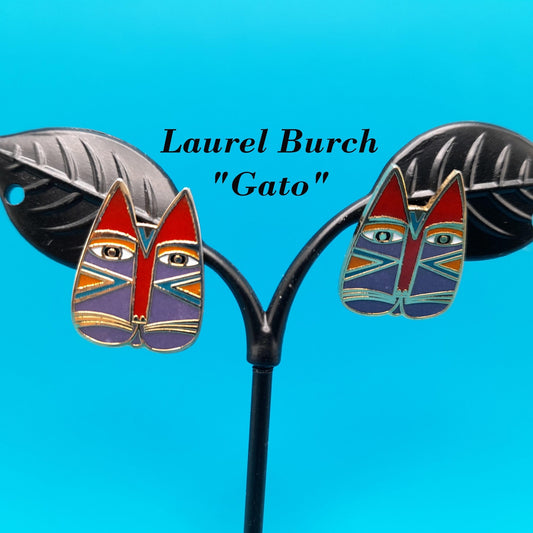 Laurel Burch "Gato" Cat Post Earrings, Enamel Cloisonne, Gold Plated, 1980s Vintage Jewelry