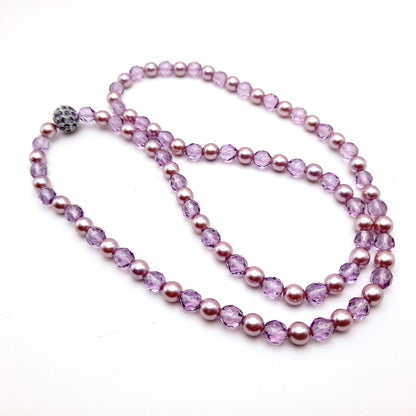 Vintage Joan Rivers Lavender Glass Pearls Crystal Beaded Necklace, Rhinestone Screw Clasp