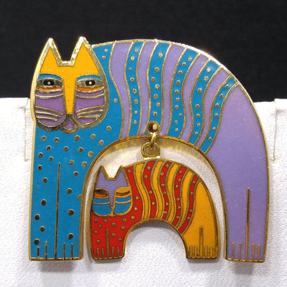 Laurel Burch "Mr. Jio's Cat" Brooch with Dangling Cat Charm, Gold Plated, Cloisonne Enamel, 1980s Vintage Jewelry