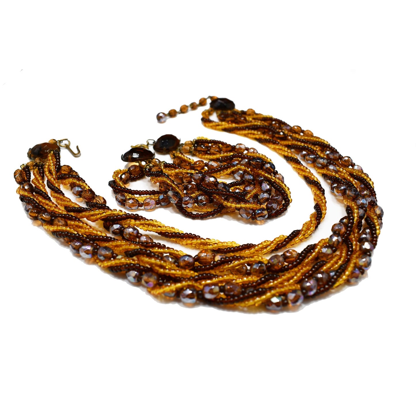 Vintage Czech Beaded Necklace & Bracelet Set, Topaz Fire Polished Beads, 1950s