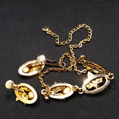 Purple Rhinestone Floral Necklace & Screw Back Earrings, Gold Plated, 1940s Vintage Jewelry