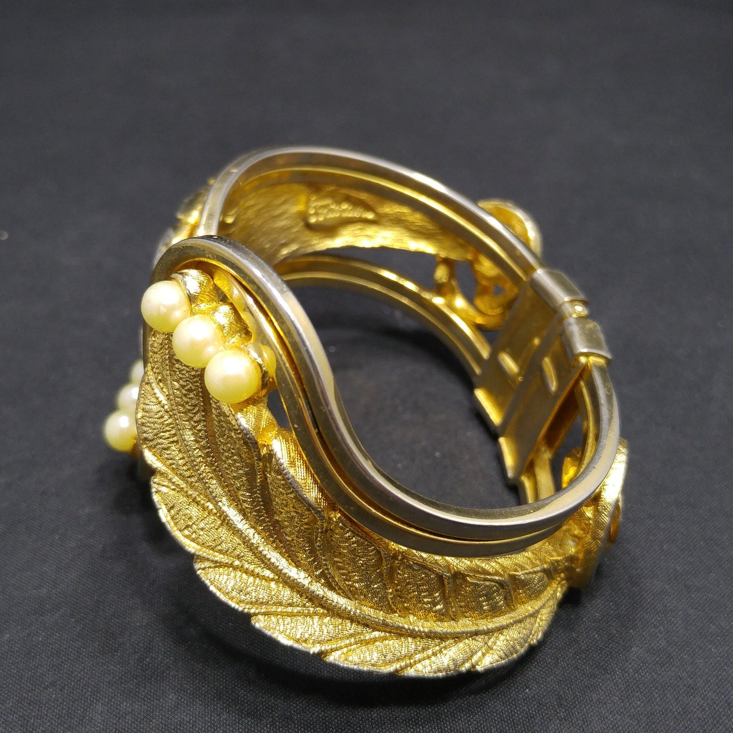 Tortolani Gold Plated Hinged Cuff Bracelet Leaf Design Faux Pearls 1960s Vintage