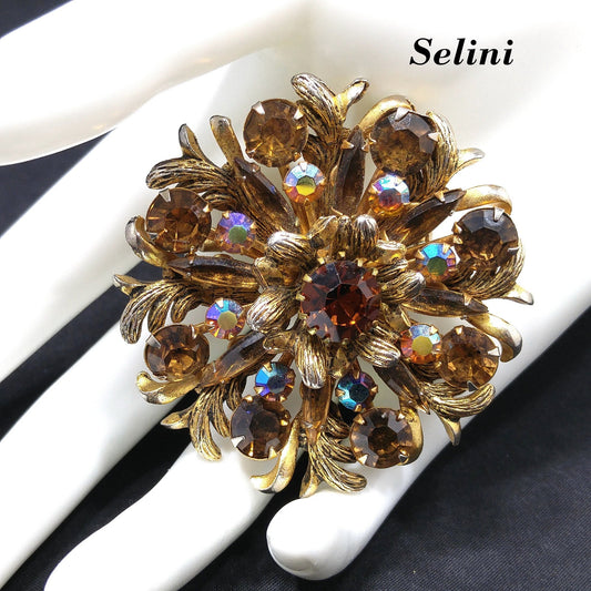 Selini Topaz Rhinestones Floral Brooch, Aurora Borealis, 1960s Vintage Jewelry