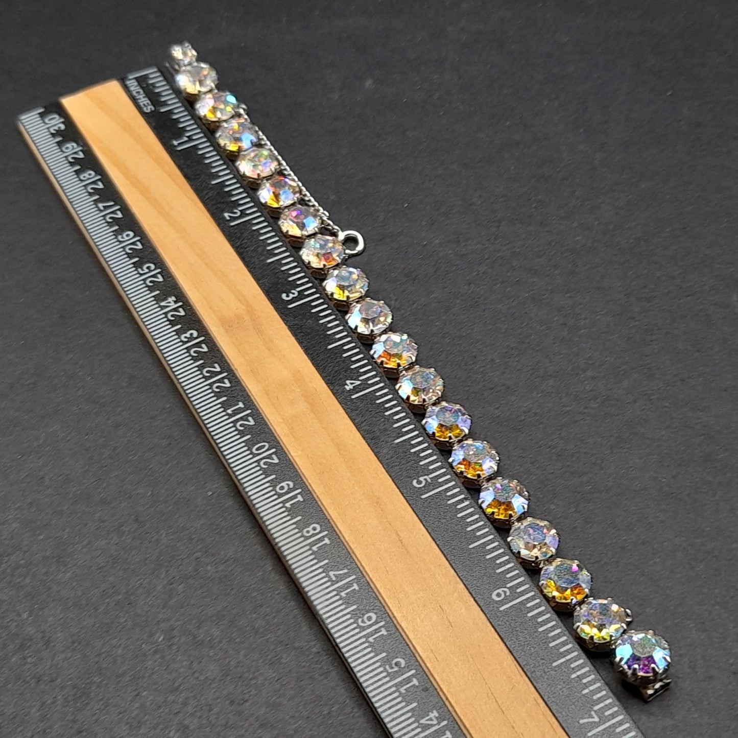 Weiss Style Aurora Borealis Crystal Bracelet, Rhodium Plated, Safety Chain, Vintage Jewelry