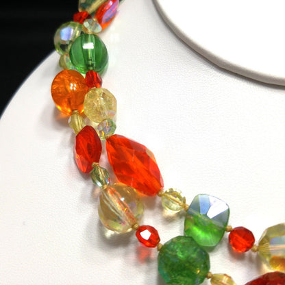Crystal & Molded Glass Beaded Necklace, Orange Green Yellow, 1950s Vintage Jewelry