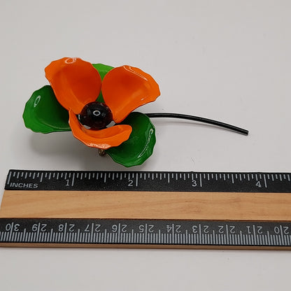 Vintage 1960s Orange Green White Enamel Flower Brooch with Stem, 4 Inches
