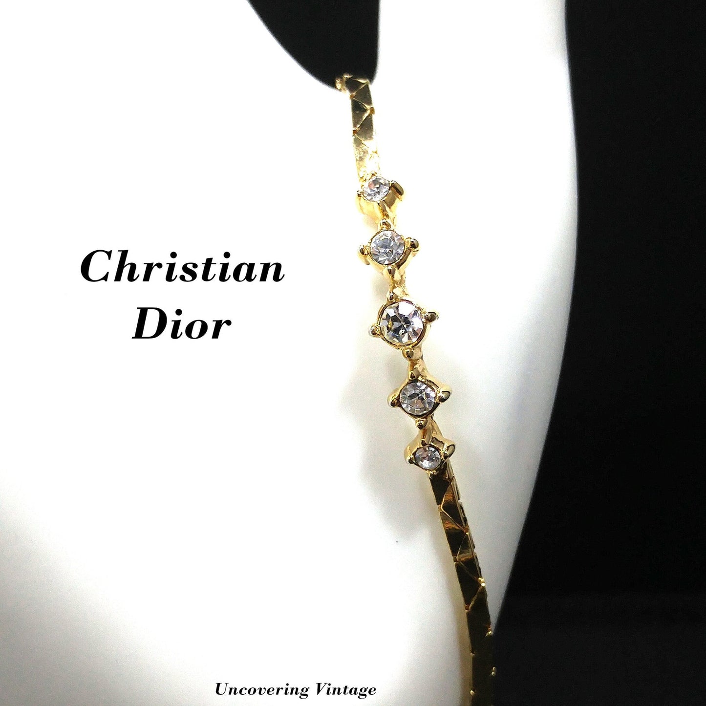 Christian Dior Clear Rhinestone Bracelet, Gold Plated, Triangle Chain, 1980s Vintage Jewelry