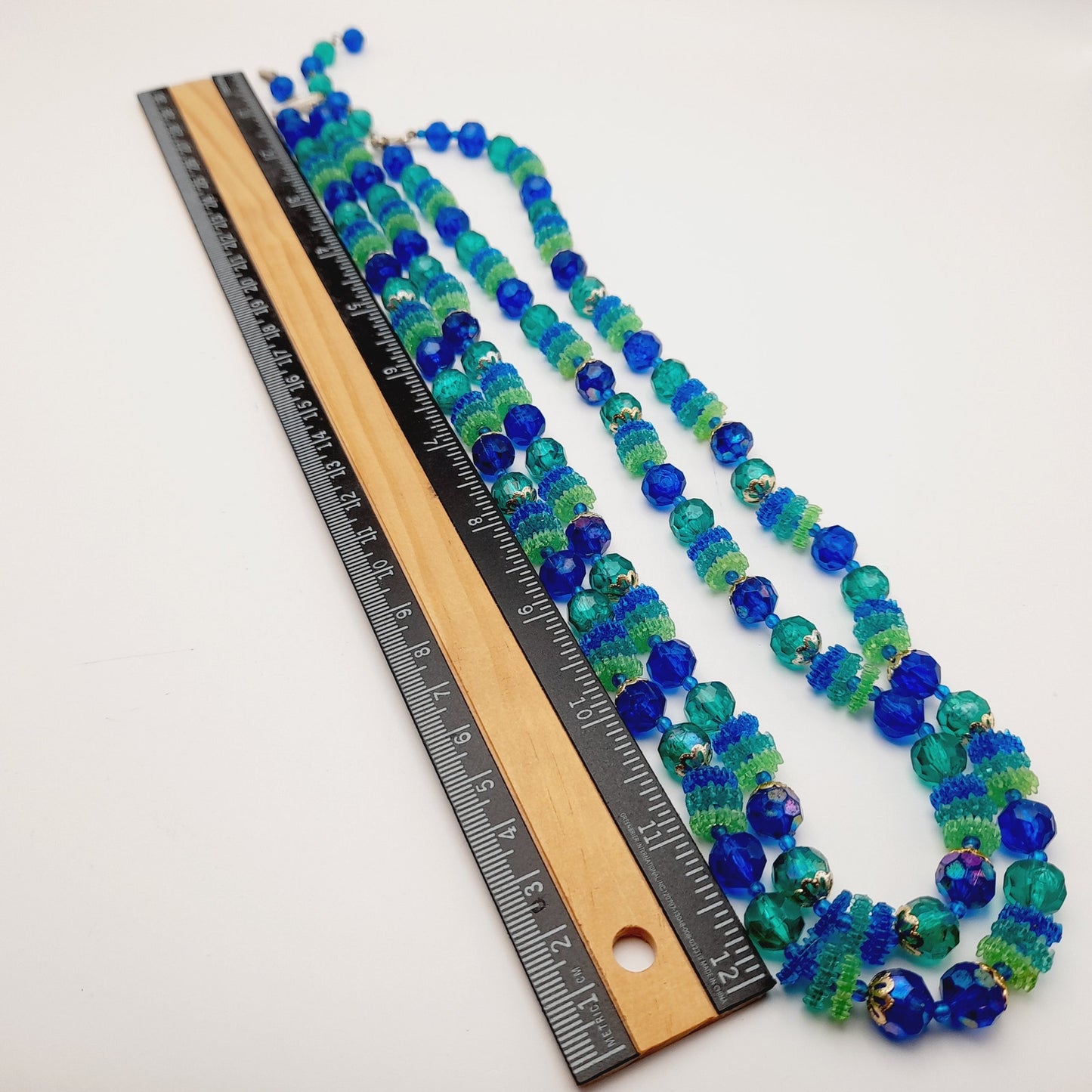 Vintage Hong Kong Early Plastic Two Strand Beaded Necklace, Green Blue Beads