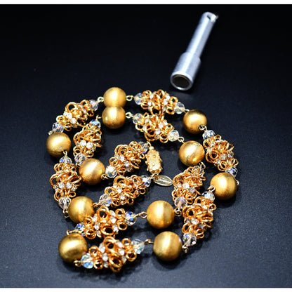 Vendome 1950s Gold Satin & Crystal Cage Bead Necklace | Aurora Borealis & Rhinestone Statement Strand | Vintage Designer Jewelry